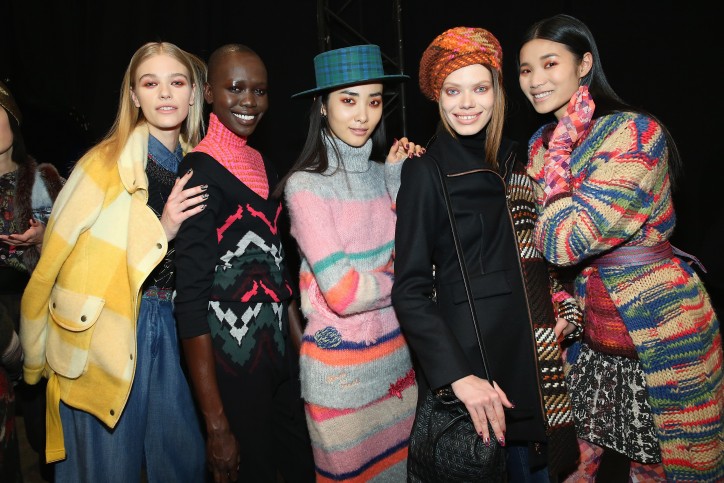 NEW YORK, NY - FEBRUARY 11: Models pose backstage at Desigual fashion show during Fall 2016 New York Fashion Week: The Shows at The Arc, Skylight at Moynihan Station on February 11, 2016 in New York City. (Photo by Monica Schipper/Getty Images for Desigual)