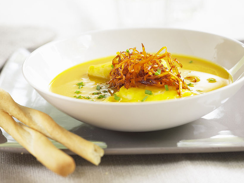 Pumpkin soup with cod (For recipe please contact Photolibrary)
