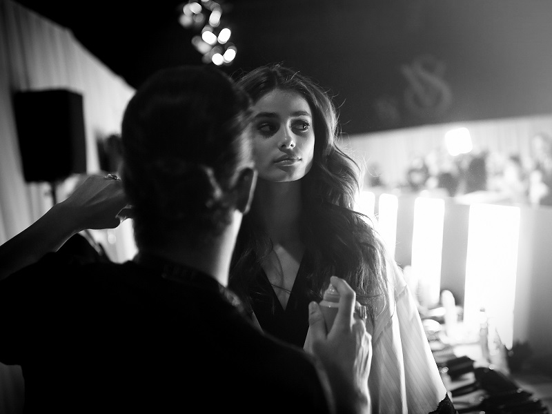 LONDON, ENGLAND - DECEMBER 02:  (EDITORS NOTE: Image has been converted to black and white and digitally retouched) Victoria's Secret model Taylor Hill backstage prior to the 2014 Victoria's Secret Fashion Show on December 2, 2014 in London, England.  (Photo by Gareth Cattermole/Getty Images for Victoria's Secret)